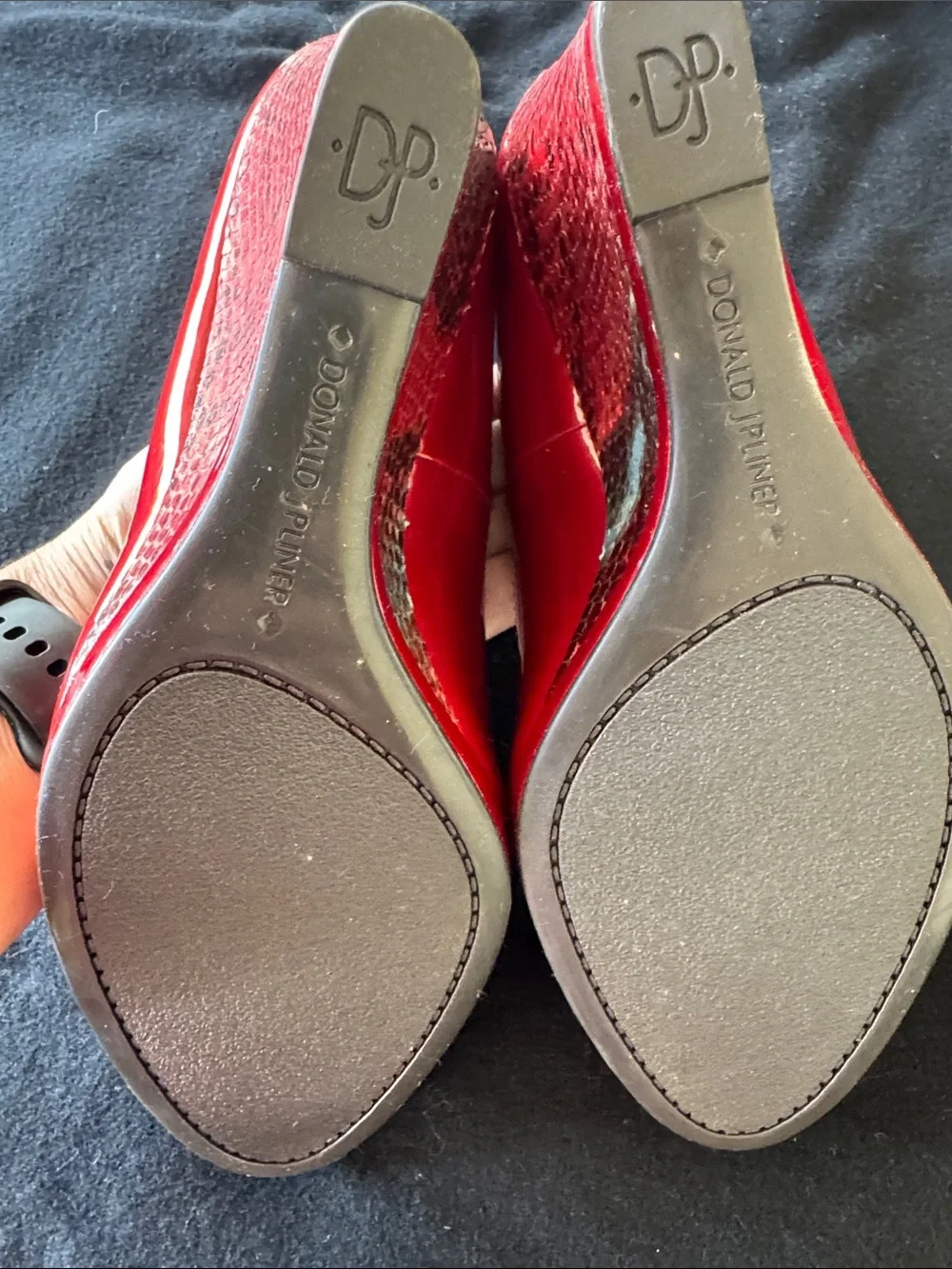 Donald J. Pliner Red Patent Peep-Toe Wedge Pumps with Textured Heel